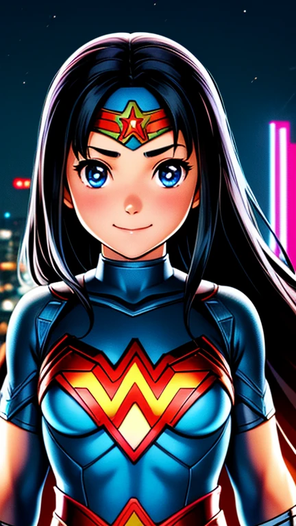 (8k),(masterpiece),(Japanese),(****************),((innocent look)),((Childish)),From the front,smile,cute,Innocent,Kind eyes,Flat chest, Wonder Woman,Long,Hair covered by helmet,Black Hair,Strong wind,night,dark, Neon light cyberpunk city, mighty atom