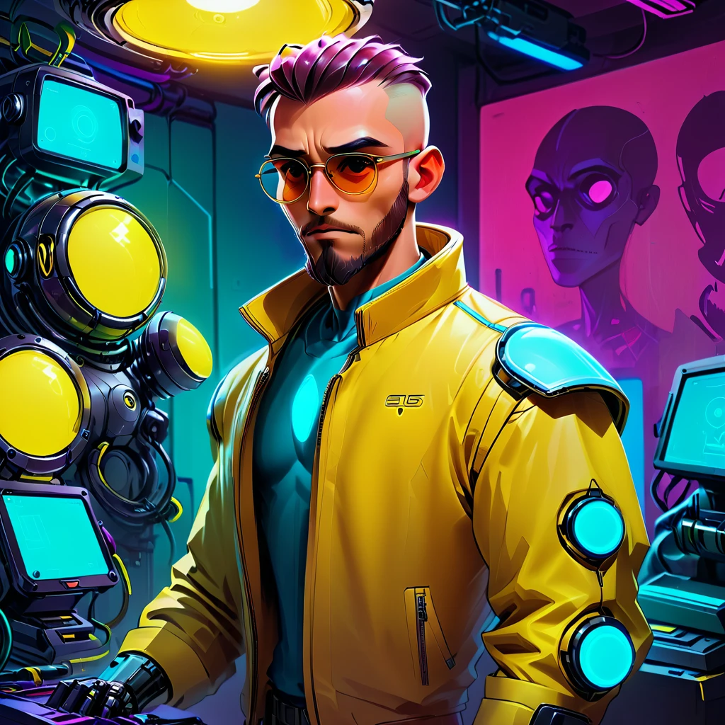 one  men, 30years, without hair, bald man with brown beard, athletic body, wearing yellow leather jacket with blue neon, sunglasses, robotic arm implants, connected ends, in his bedroom, using a computer to hack, futuristic atmosphere, night-time, cyberpunk style, POV view