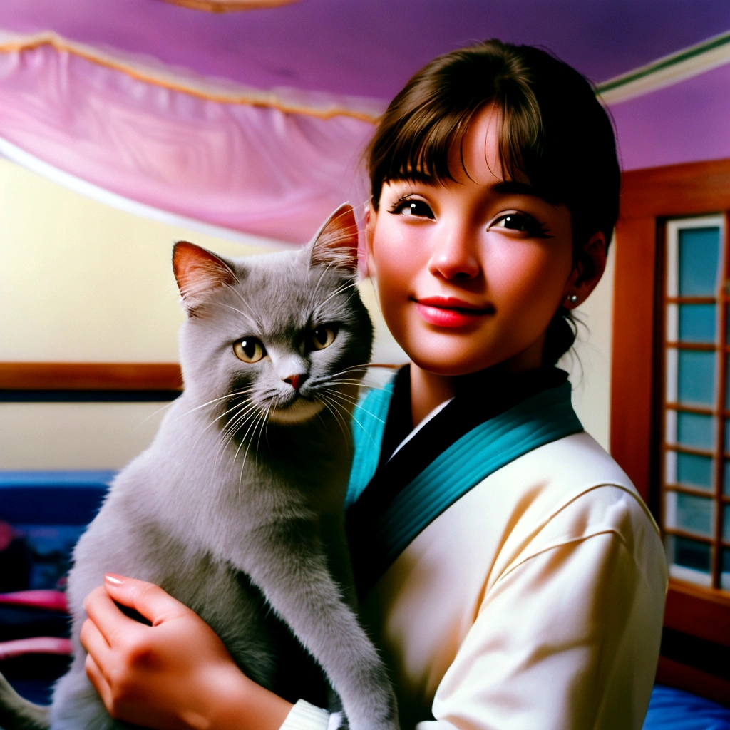 woman dressed in comfortable clothes on her bed with her cat, 80s style, half body shot, high quality photo.