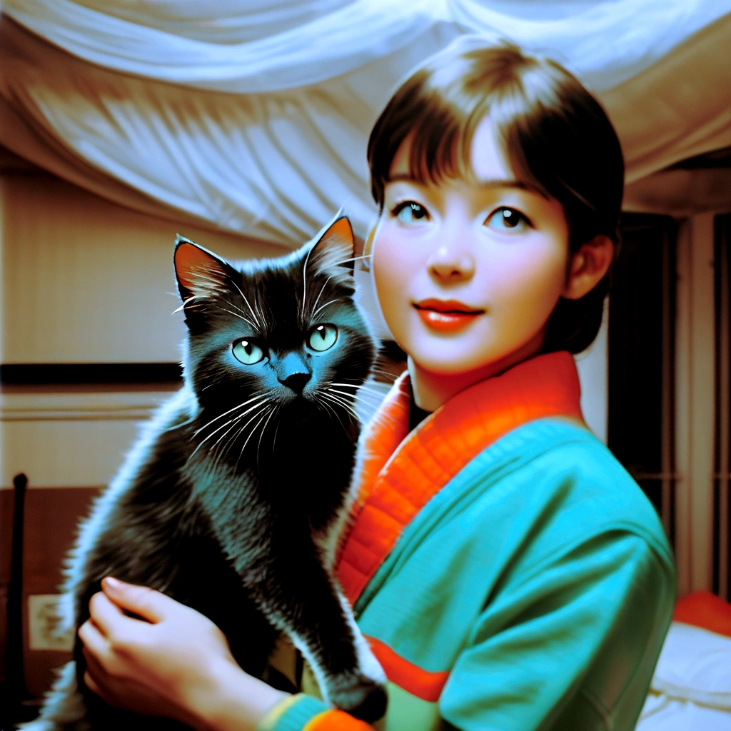woman dressed in comfortable clothes on her bed with her cat, 80s style, half body shot, high quality photo.