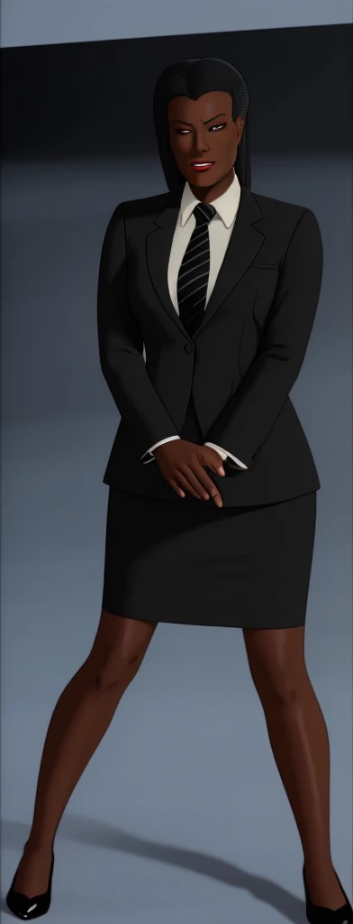 Evil black skinned business woman in a skirt suit 