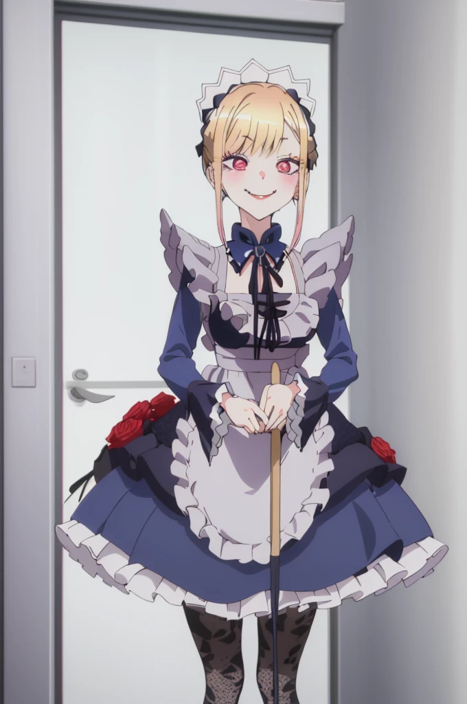 1girl, cowboy shot,
kitagawa marin, maid, thighhighs,, masterpiece, best quality, highly detailed,((blue hair)),frilled mini skirt,white maid clothes,((evil smile)),