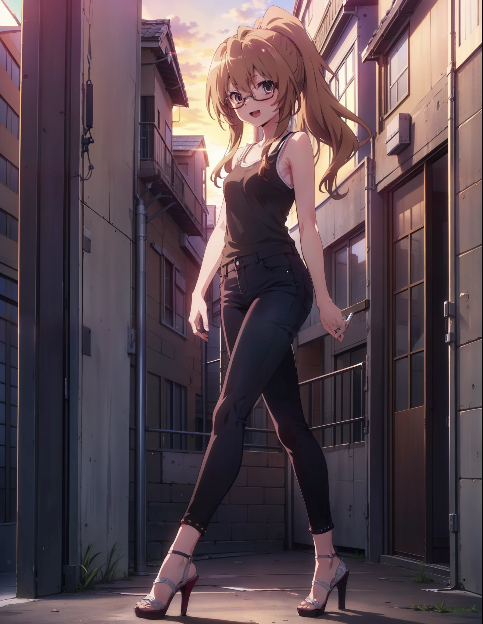 taiga aisaka, taiga aisaka, Long Hair, Brown Hair, Brown eyes,happy smile, smile, Open your mouth,ponytail,Black-rimmed glasses,Brown Tank Top,Skinny jeans,Stiletto heels,The rising sun,morning,morning陽,walking,whole bodyがイラストに入るように,
break outdoors, construction area,
break looking at viewer, whole body,
break (masterpiece:1.2), Highest quality, High resolution, unity 8k wallpaper, (shape:0.8), (Beautiful attention to detail:1.6), Highly detailed face, Perfect lighting, Extremely detailed CG, (Perfect hands, Perfect Anatomy),
