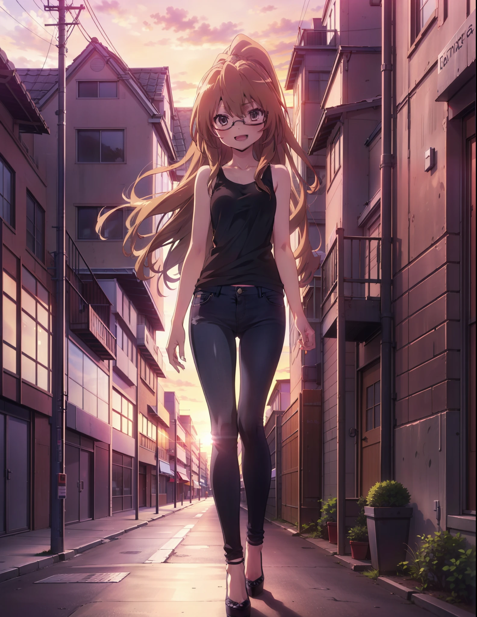 taiga aisaka, taiga aisaka, Long Hair, Brown Hair, Brown eyes,happy smile, smile, Open your mouth,ponytail,Black-rimmed glasses,Brown Tank Top,Skinny jeans,Stiletto heels,The rising sun,morning,morning陽,walking,whole bodyがイラストに入るように,
break outdoors, construction area,
break looking at viewer, whole body,
break (masterpiece:1.2), Highest quality, High resolution, unity 8k wallpaper, (shape:0.8), (Beautiful attention to detail:1.6), Highly detailed face, Perfect lighting, Extremely detailed CG, (Perfect hands, Perfect Anatomy),