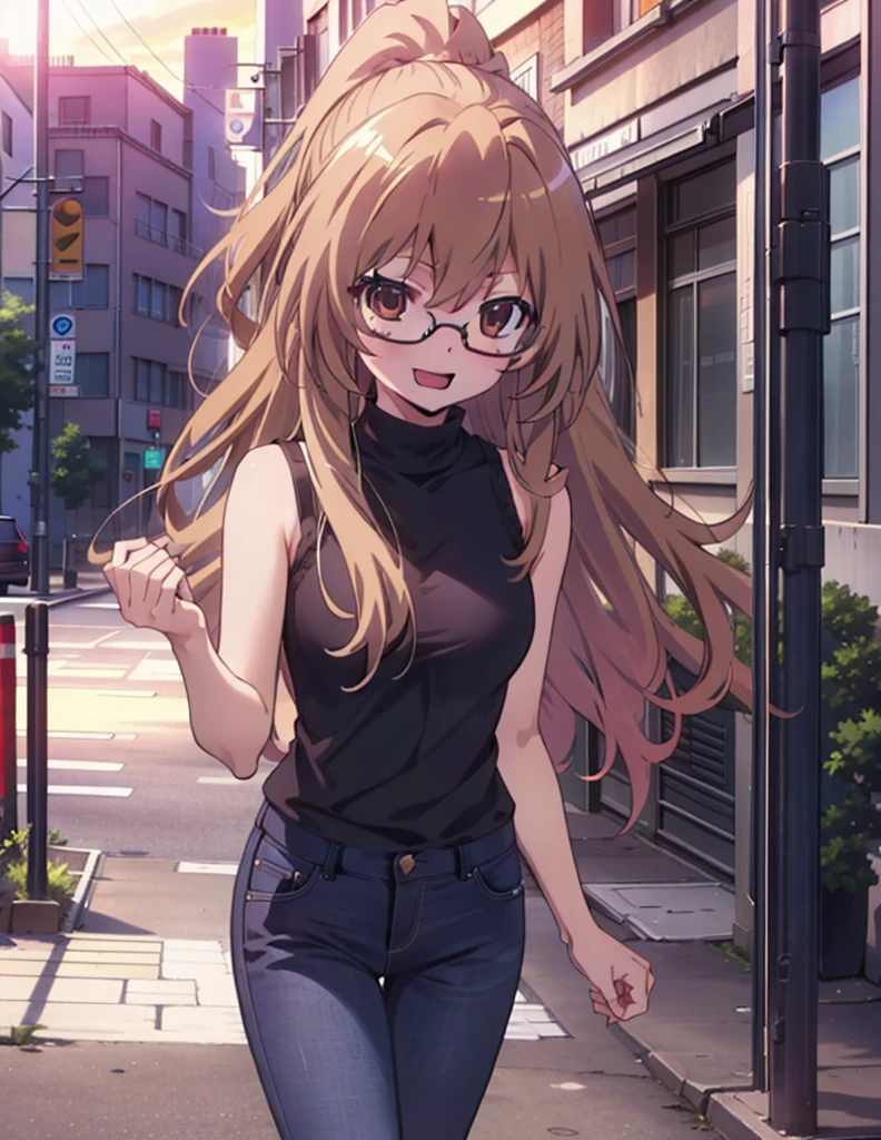 taiga aisaka, taiga aisaka, Long Hair, Brown Hair, Brown eyes,happy smile, smile, Open your mouth,ponytail,Black-rimmed glasses,Brown Tank Top,Skinny jeans,Stiletto heels,The rising sun,morning,morning陽,walking,whole bodyがイラストに入るように,
break outdoors, construction area,
break looking at viewer, whole body,
break (masterpiece:1.2), Highest quality, High resolution, unity 8k wallpaper, (shape:0.8), (Beautiful attention to detail:1.6), Highly detailed face, Perfect lighting, Extremely detailed CG, (Perfect hands, Perfect Anatomy),