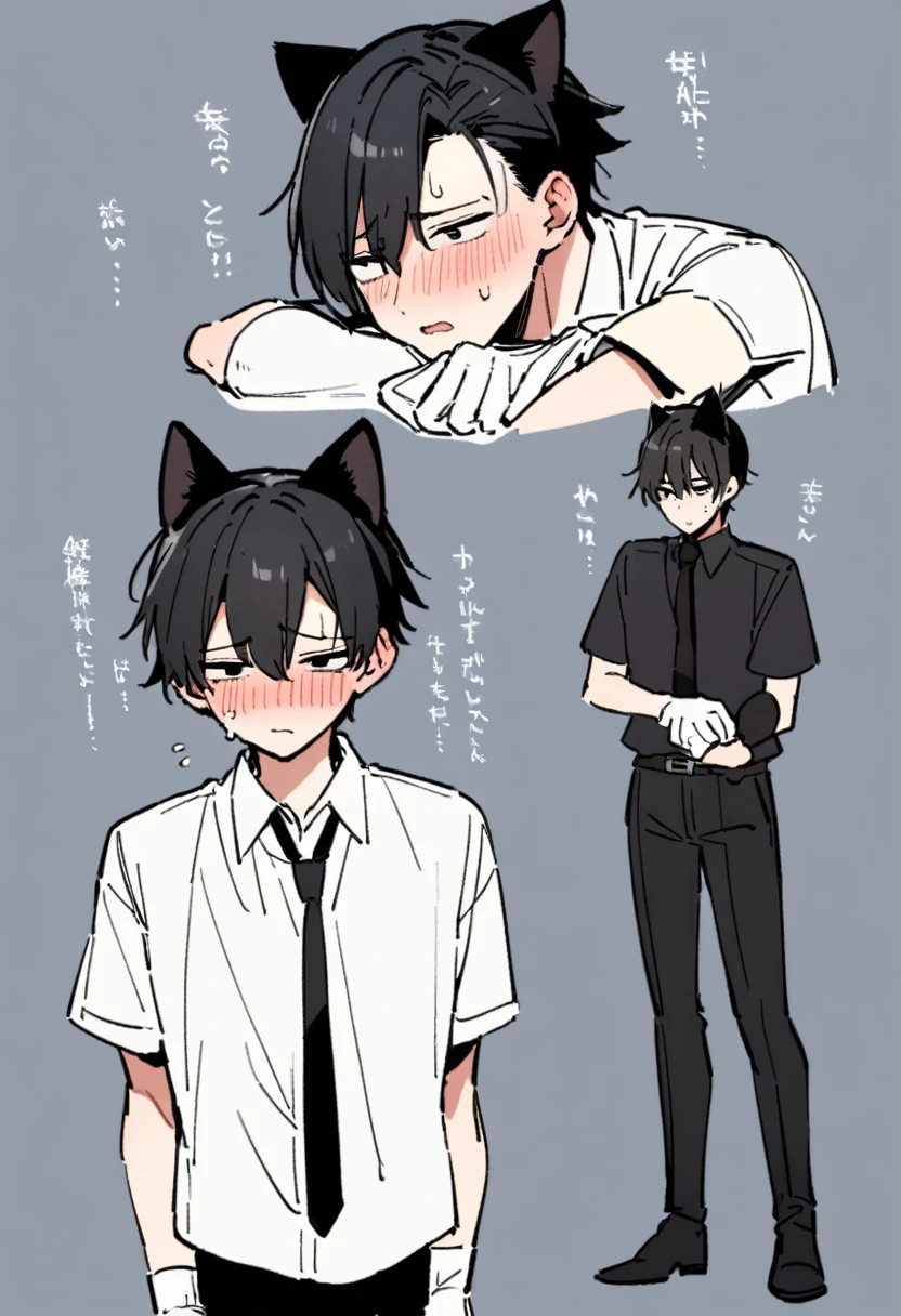 18-year-old boy，cute，Wear a white short-sleeved shirt and a black work tie，Wear black pants，Wear black booties，Wear white gloves，wear cat ear，Black hair，Black eyes，Handsome，Disdainful and cold expression，shy，blush，sweating