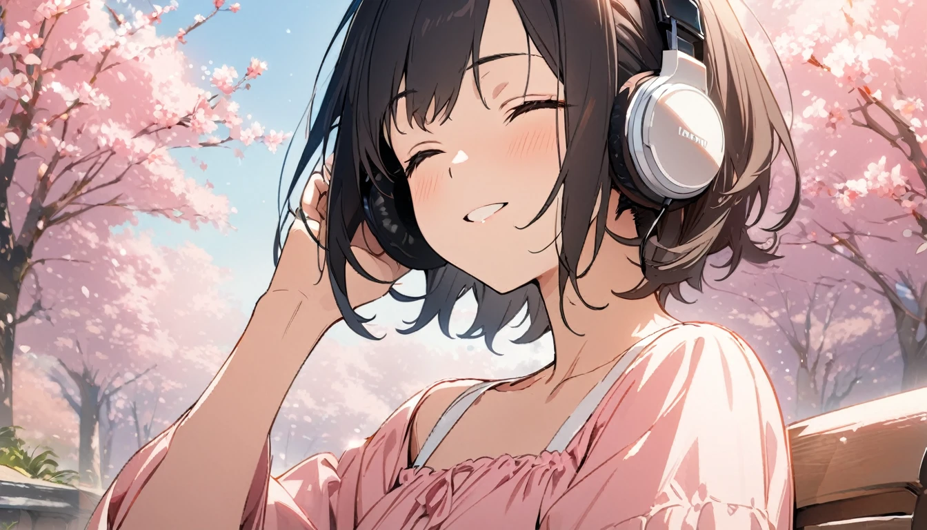 1girl, solo, gentle smile on her face flat chest, short hair, black hair, upper body, ((masterpiece, illustration, best quality)) ((best quality)), ((masterpiece)), (detailed), perfect face, sitting under the cherry blossom tree, listening to music, One woman, wearing headphones, eyes closed, wearing a pink dress