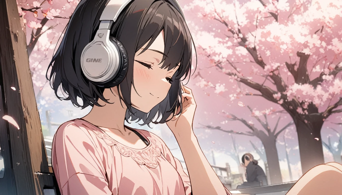 1girl, solo, gentle smile on her face flat chest, short hair, black hair, upper body, ((masterpiece, illustration, best quality)) ((best quality)), ((masterpiece)), (detailed), perfect face, sitting under the cherry blossom tree, listening to music, One woman, wearing headphones, eyes closed, wearing a pink dress
