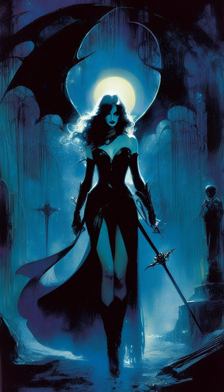 sexy love and death, magic, dark, fantasy, night, inspired by Bill Sienkiewicz