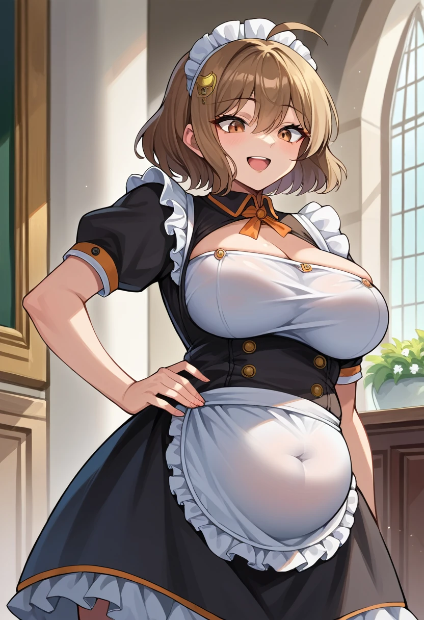 score_9, score_8_up, score_7_up, source_anime BREAK anisrnd, ahoge, short hair, brown hair, mansion, room, big breasts, looking down, open mouth, smile, maid, grabbing potion , potion, looking at viewer