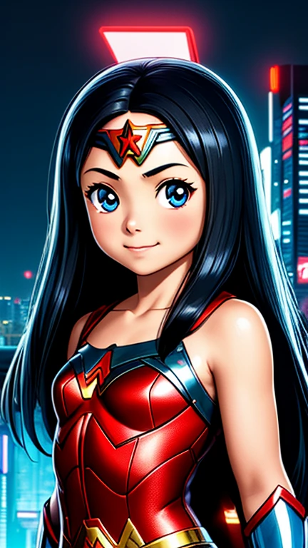 (8k),(masterpiece),(Japanese),(****************),((innocent look)),((Childish)),From the front,smile,cute,Innocent,Kind eyes,Flat chest, Wonder Woman,Long,Hair covered by helmet,Black Hair,Strong wind,night,dark, Neon light cyberpunk city, mighty atom