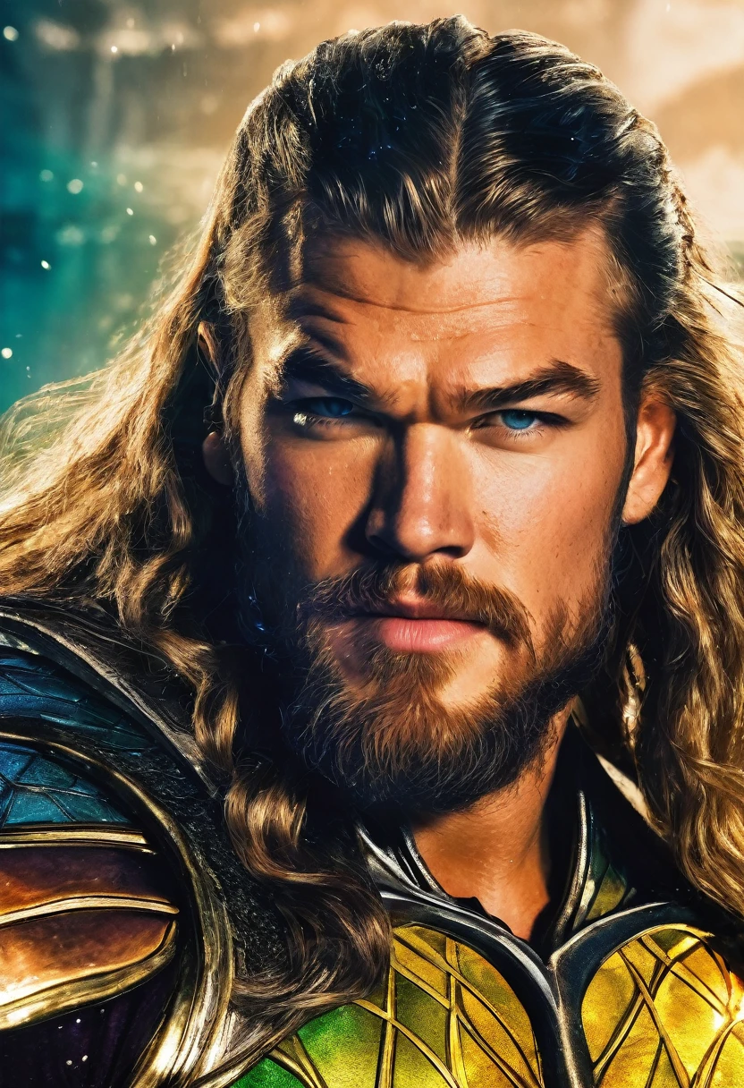 (((Extremely close-up Alan Ritchson under the mantle of Arthur Curry aka Aquaman long hair Long finely groomed beard suit Aquaman Dc universe front images color images Splash)))