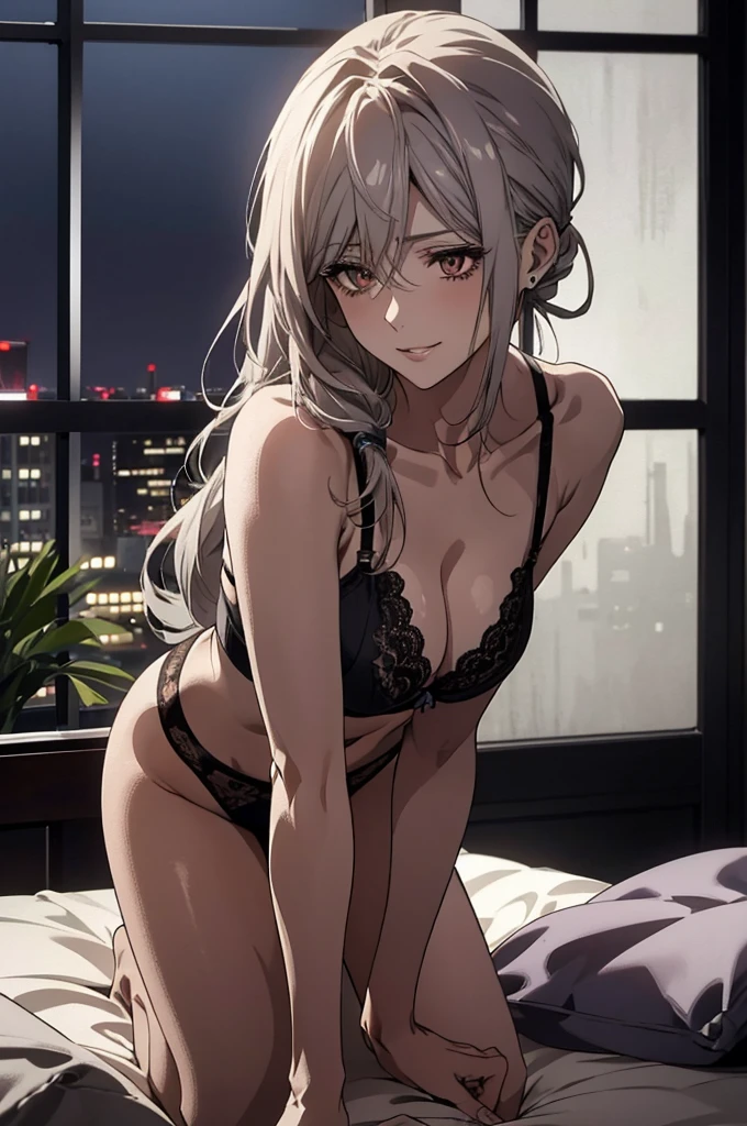 (Confused, High resolution, Very detailed), 1 female, Silver Hair, Long Hair, Reddish brown eyes, lace thong bra, Large Breasts, secretary, Low Ponytail, 24th generation, Beautiful woman, mature, quiet, Calm, A small smile, bent over,bed room, Large windows, night view,