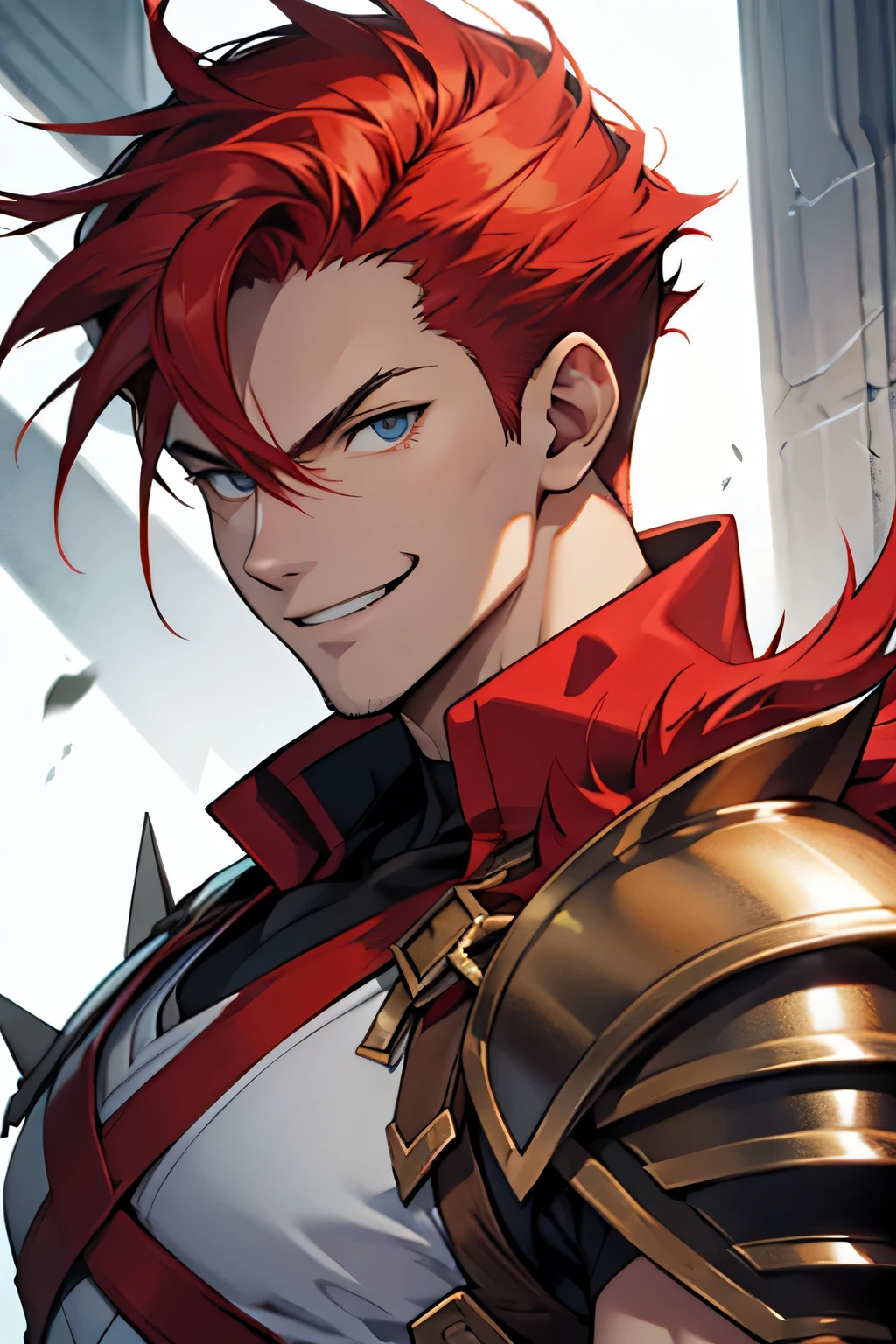 man, white skin, smile, strong and spiky red hair, anime style, Greek warrior armor