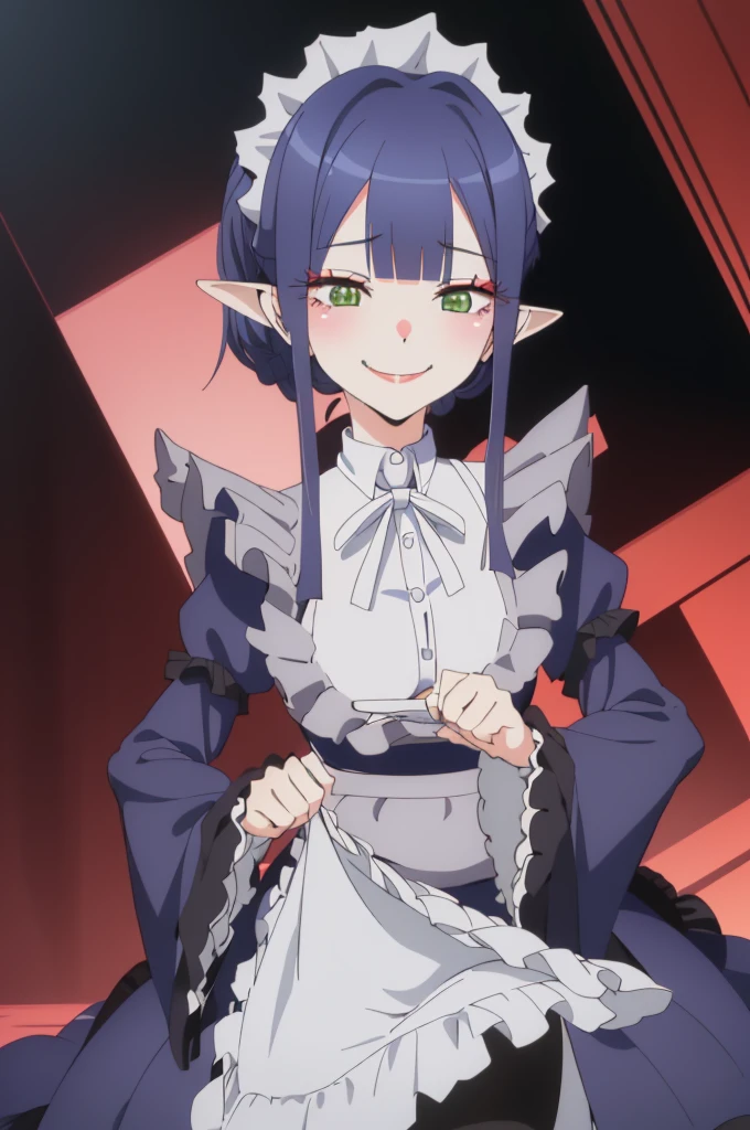 1girl, cowboy shot, 
rizu-kyun, maid, thighhighs,, masterpiece, best quality, highly detailed,((blue hair)),frilled mini skirt,white maid clothes,((evil smile)),