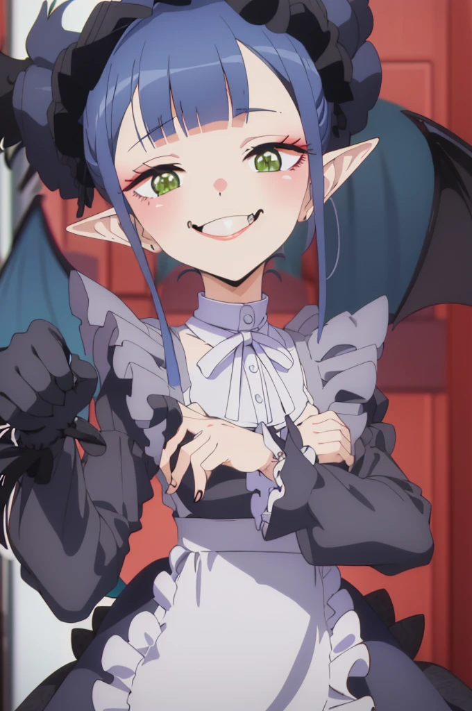 1girl, cowboy shot, 
rizu-kyun, maid, thighhighs,, masterpiece, best quality, highly detailed,((blue hair)),frilled mini skirt,white maid clothes,((evil smile)),