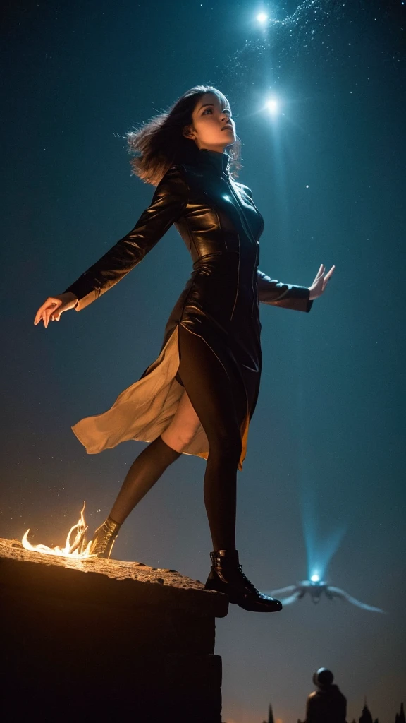 photograph, Portraiture, Intimidating Woman Levitating [The discovery of wormholes leads to new worlds|The cursed prince must marry the monster], [sf:Fantasy:0.6] Cinema Lighting