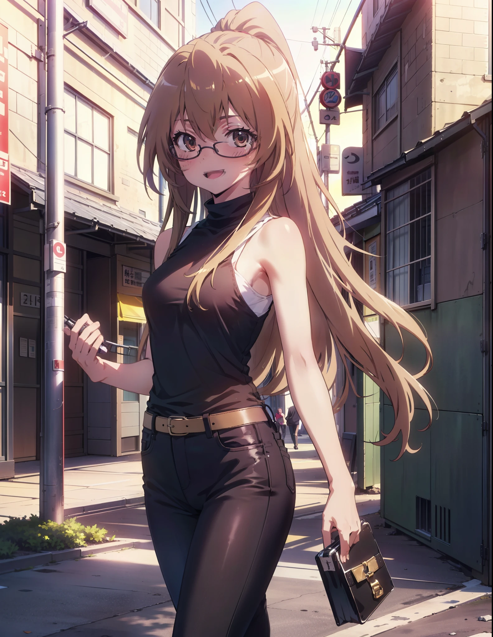 taiga aisaka, taiga aisaka, Long Hair, Brown Hair, Brown eyes,happy smile, smile, Open your mouth,ponytail,Black-rimmed glasses,Brown Tank Top,Skinny jeans,Stiletto heels,The rising sun,morning,morning陽,walking,whole bodyがイラストに入るように,
break outdoors, construction area,
break looking at viewer, whole body,
break (masterpiece:1.2), Highest quality, High resolution, unity 8k wallpaper, (shape:0.8), (Beautiful attention to detail:1.6), Highly detailed face, Perfect lighting, Extremely detailed CG, (Perfect hands, Perfect Anatomy),