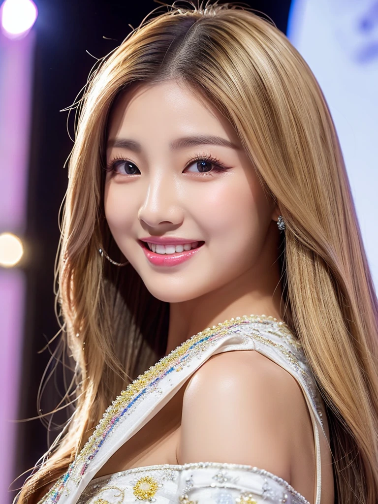 A young Korean adult of 24 with a cheerful and captivating appearance. Her hair is long and straight, highlighting her beauty and shine in dark blonde colors.
Her face is ullzang , and her eyes are large and expressive, carrying a captivating expression of sincerity and compassion in their light brown beauty.
Her skin is clear and flawless, healthy. Her lips are plump with a charming smile.
At an awards ceremony she wears a dress of impeccable fabric, haute couture in the striking colors of ice white and midnight black.