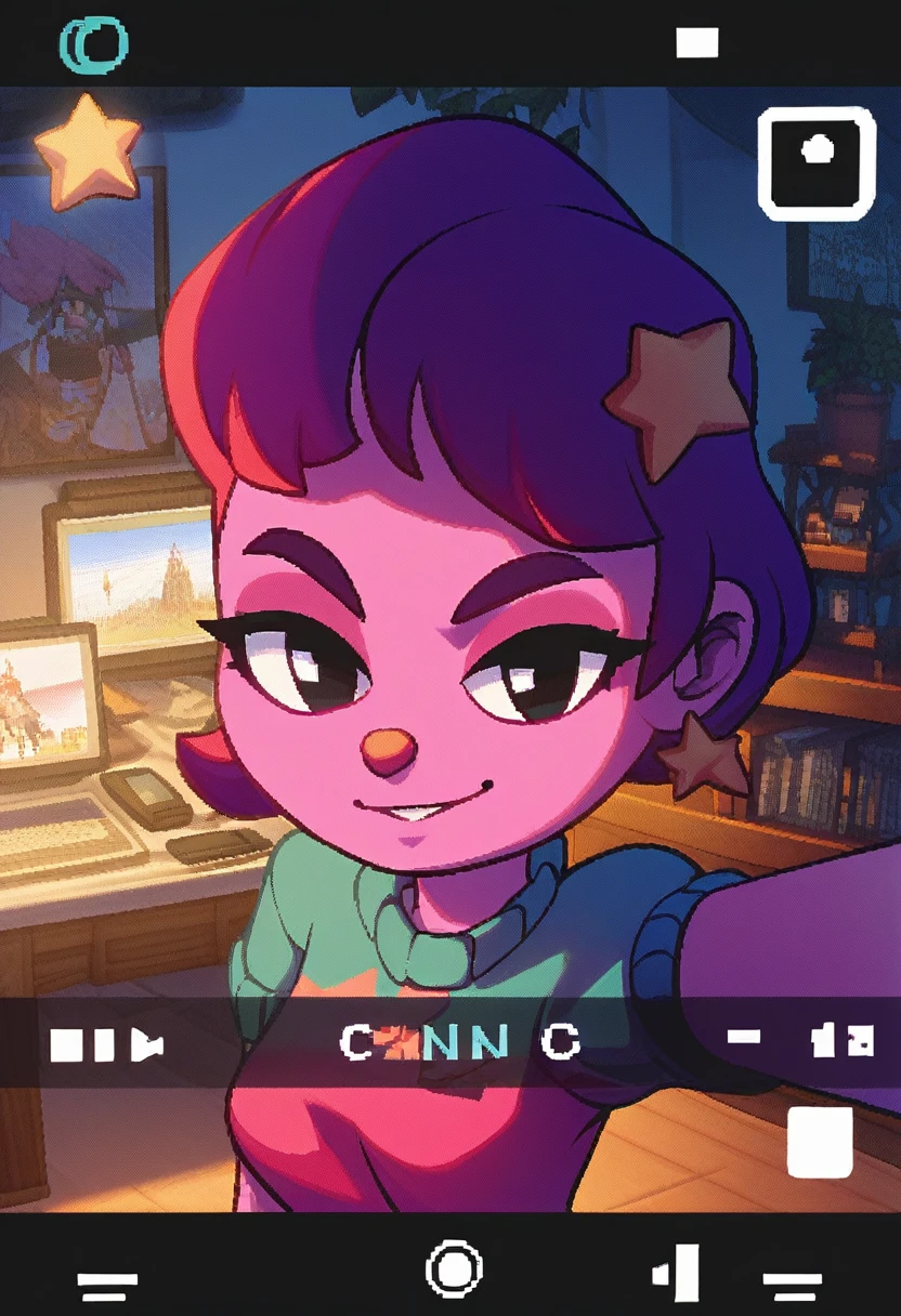 pixel art, Veronica Cipher ((upper body selfie, hapiness的)), Masterpiece, Superior quality, ultra detailed, alone, exterior, (evening), ROOM, gamer, (Star, officer) hapiness, hapiness的, sweater, have, wood, Get rich, shadow, Compared, clear sky, analogy style (View viewer:1.2) (texture) (film grain: 1.3), (cold colors, pastel colors): 1.2), close up, movie light, Side light, ultra high resolution, 背心shadow, RAW, wear a sweater, Kodak Vision 3, girl, black eyes, black fur, wide, messy fur, pink skin color.