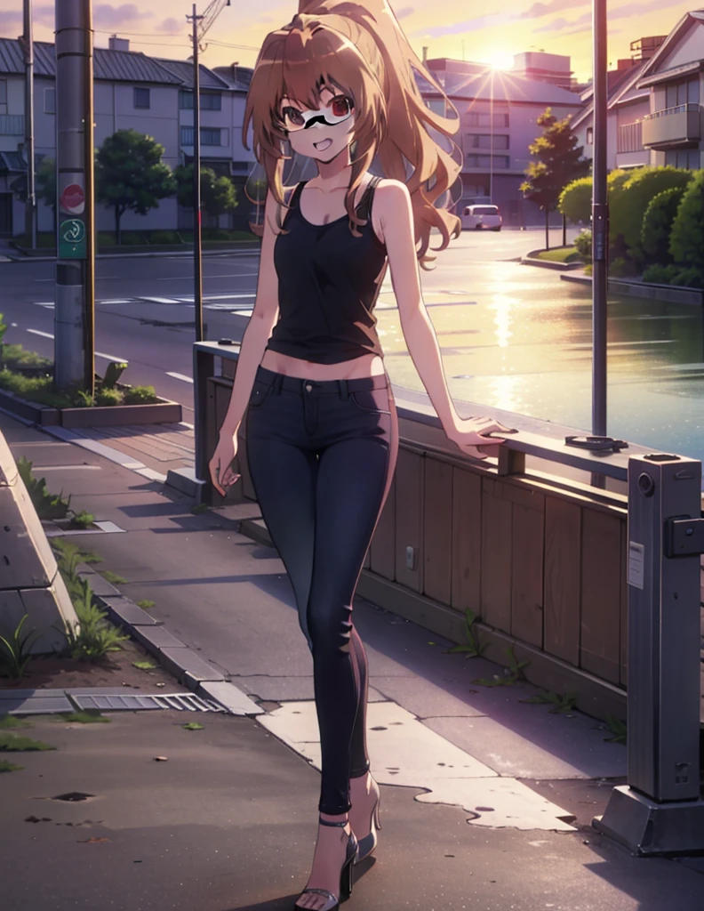 taiga aisaka, taiga aisaka, Long Hair, Brown Hair, Brown eyes,happy smile, smile, Open your mouth,ponytail,Black-rimmed glasses,Brown Tank Top,Skinny jeans,Stiletto heels,The rising sun,morning,morning陽,walking,whole bodyがイラストに入るように,
break outdoors, construction area,
break looking at viewer, whole body,
break (masterpiece:1.2), Highest quality, High resolution, unity 8k wallpaper, (shape:0.8), (Beautiful attention to detail:1.6), Highly detailed face, Perfect lighting, Extremely detailed CG, (Perfect hands, Perfect Anatomy),