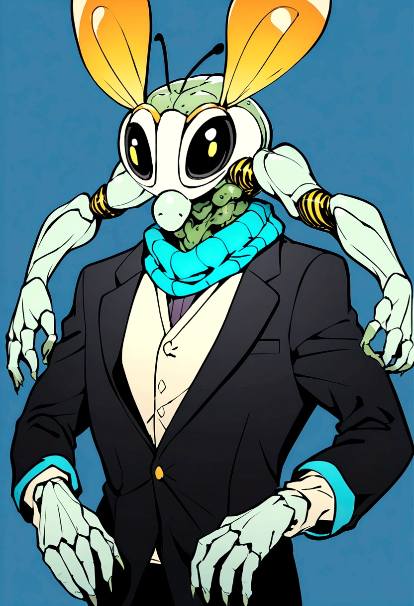 ((photo and gross)), ((first work)), Anthropomorphic humanoid bee dressed in formal clothes, neck warmer, Four arms