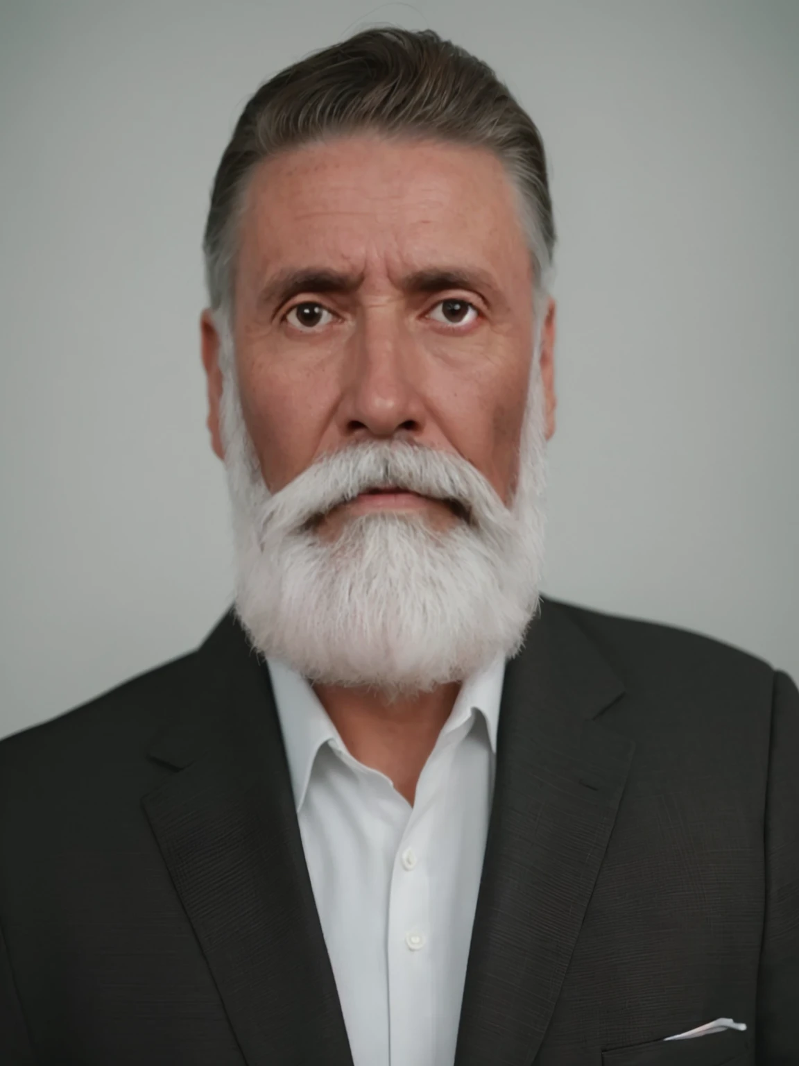 Make this photo look realistic and detailed, arafed man with a white beard and a white shirt, highly detailed vfx portrait, realistic restored face, highly detailed vfx portrait of, arnold maya render, 3d render senior artist, realistic face and body hybrid, 8k portrait render, short white beard, full white beard, realistically rendered face, photorealistic face, extremely detailed man, rendered in arnold engine, very detailed potrait, realistic portrait photo, close up potrait, profile portrait, very detailed face, very realistic face, very perfected face, very detailed clothes, very realistic clothes, very perfected clothes