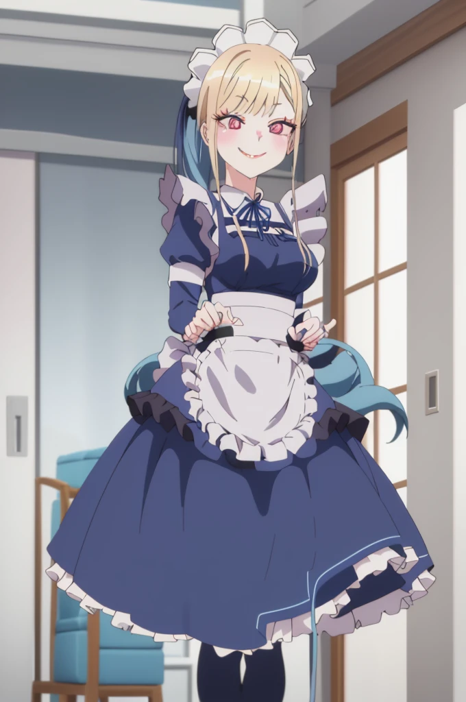 1girl, cowboy shot, 
kitagawa marin, maid,  thighhighs,, masterpiece, best quality, highly detailed,((blue hair)),((frilled mini skirt)),white maid clothes,((evil smile)),