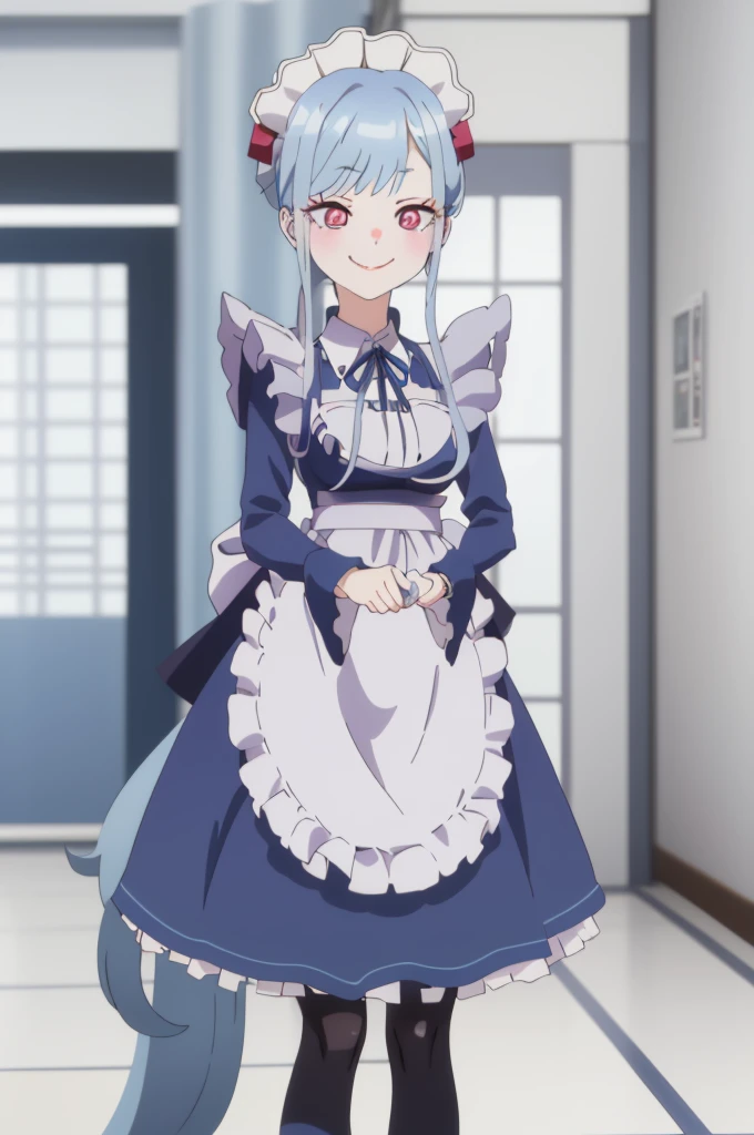 1girl, cowboy shot, 
kitagawa marin, maid,  thighhighs,, masterpiece, best quality, highly detailed,((blue hair)),((frilled mini skirt)),white maid clothes,((evil smile)),