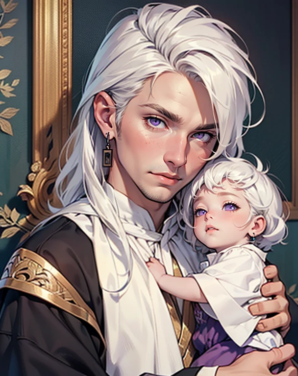 ((masterpiece)), (((best quality))), 1 male, pale white skin, long white hair, handsome man, violet eyes, earrings, realistic medieval clothing, portrait, detailed face, cradling a sleeping baby with white hair, highest quality, highly detailed, original, high resolution CG Unit 8k wallpaper, (best quality, artwork, masterpiece, 4k)
