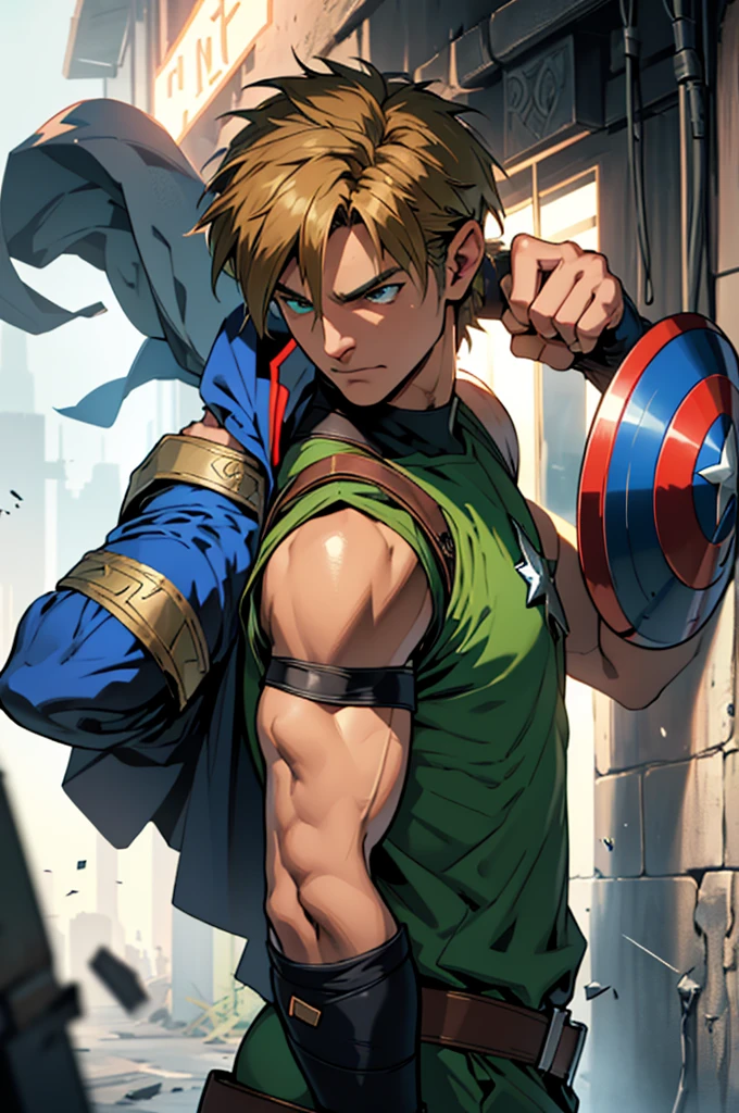 Create 2d sprites of a hero to place in a video game, at various angles, he will be a mix of Captain America from Marvel Comics with Link from the game series The Legend Of Zelda, he uses long sword and shield, He has a mysterious mark on his arm that turns out to be the key to using the Artifact of Harmony., he wears a green combat uniform, Coraggioso, determined, fair, but sometimes impetuous,  16K, best qualityer!