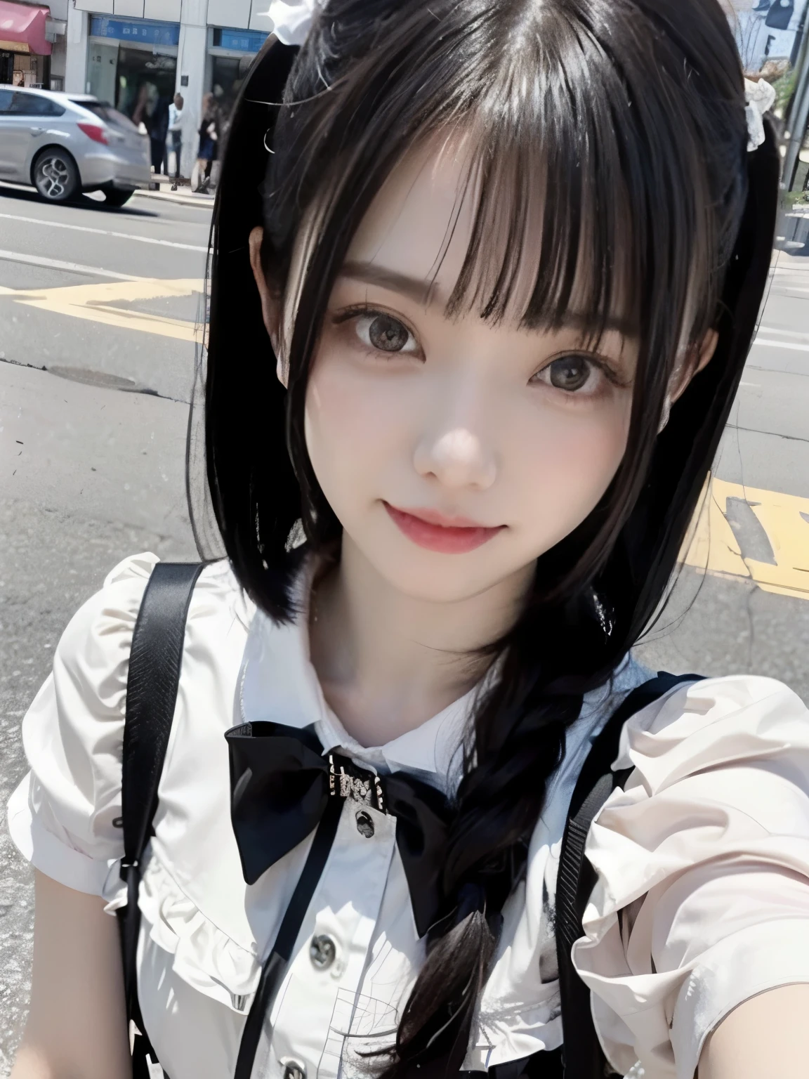 RAW Photos,(8K)、(Highest quality: 1.2)、(Real)、(Real: 1.37)、Ultra-high resolution、A young woman is smiling at the camera。She has short black hair、Bangs cover the forehead。She is wearing a white shirt、holding a pink ice cream cone。In the background, people walking on the street々You can see。She is looking calmly at the camera。