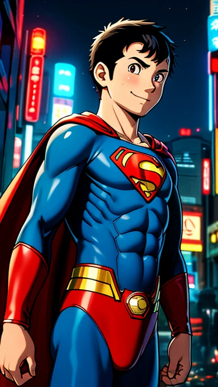 (8k),(masterpiece),(Japanese),(13-year-old boy),((innocent look)),((Childish)),From the front,smile,cute,Innocent,Kind eyes,Flat chest, Superman, Red cape,Short,Hair covered by helmet,Black Hair,Strong wind,night,dark, Neon light cyberpunk city, mighty atom