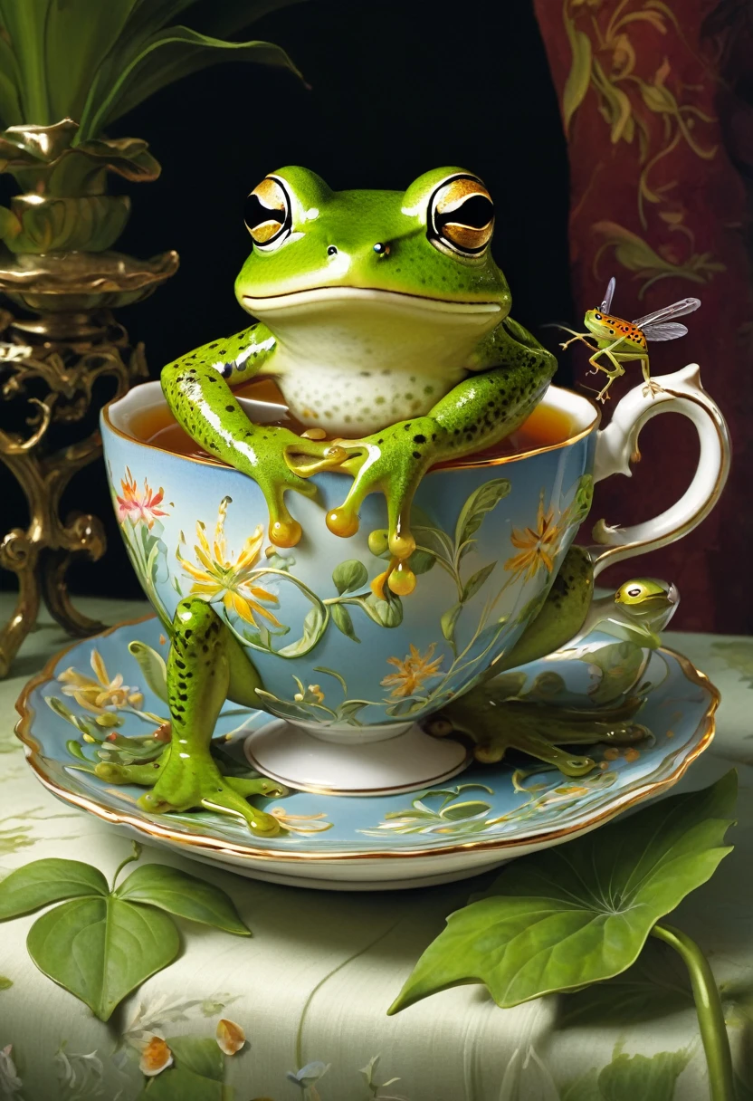 A whimsical scene unfolds when a frog sits next to a very small and ornately decorated teacup to drink hot cricket tea.. Alexander Kucharsky's signature style shines through in this ultra-realistic 3D illustration, where every texture and detail is meticulously rendered. The soft focus of the background allows the frog's captivating pose to take center stage.