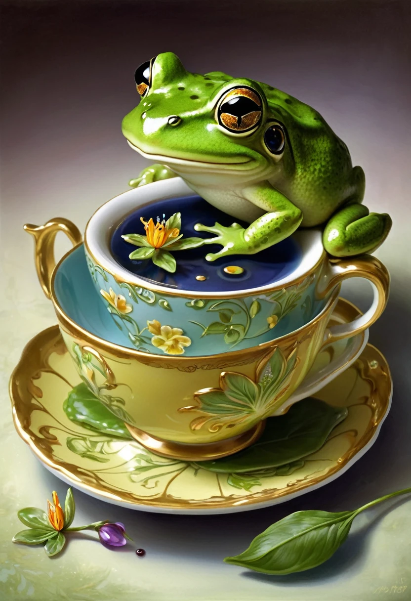 A whimsical scene unfolds when a frog sits next to a very small and ornately decorated teacup to drink hot cricket tea.. Alexander Kucharsky&#39;s signature style shines through in this ultra-realistic 3D illustration, where every texture and detail is meticulously rendered. The soft focus of the background allows the frog&#39;s captivating pose to take center stage.
