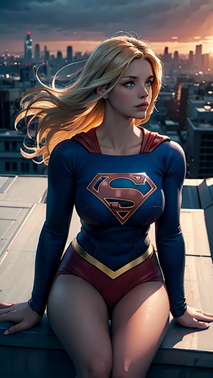 a supergirl sitting on a rooftop building, lost in deep thought, looking at the city, beautiful detailed eyes, beautiful detailed lips, extremely detailed face, long eyelashes, beautiful detailed costume, dynamic pose, cinematic lighting, epic cityscape, moody atmosphere, dramatic shadows, vibrant colors, photorealistic, 8k, best quality, hyper detailed, masterpiece