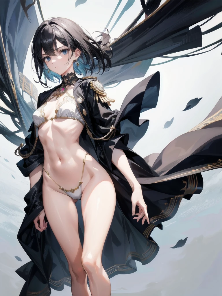 absurdres, RAW photo, extremely delicate and beautiful, masterpiece, Best Quality, ultra high resolution, 32k, hyperrealistic, ultra-detailed, perfect anatomy, super Detailed skin, perfect figure, in her 20s, very Slim body, narrow waist, very small head, very small face, delicate facial features, tearful mole, earring, medium breasts, full body shot, medium hair, black hair, pirate captain, (intricate pirate clothing),