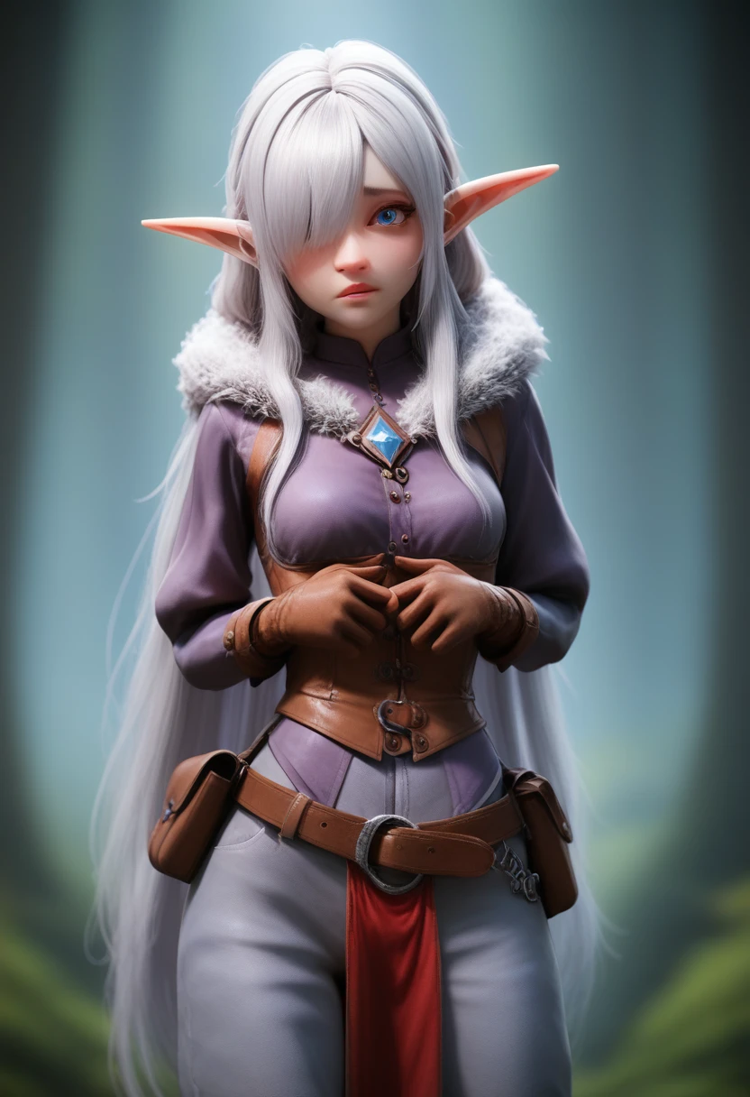 ((Best Quality)), (Masterpiece)), (Details: 1.4), Absurd Resolution, High Resolution, (Masterpiece: 1.4), Ultra Detailed, detailed gnome girl with pale skin, short stature, very long waist length silver hair that curls at the ends, covering one eye, with small breasts, pouty lips, and bright blue anime-style eyes with long lashes, wearing a corset, white puffy long sleeved shirt, and puffy cloth pants, leather bound boots, set in a windy fantasy landscape, (best quality,4k,8k,highres,masterpiece:1.2),ultra-detailed, dungeons and dragons, long elf ears, small girl, detailed skin and cloth textures, cute detailed face, intricate details, extremely detailed, 1girl, dynamic pose with hair covering one eye, shy personality, puffy cloth pants with leather belt, detailed privateer outfit, detailed buccaneer outfit, pouch on belt, wearing ornate leather armor with fur trim, silver inlay detail, wearing fur trimmed boots, wearing fur trimmed gloves, short, short height, halfing girl, small girl, very long hair