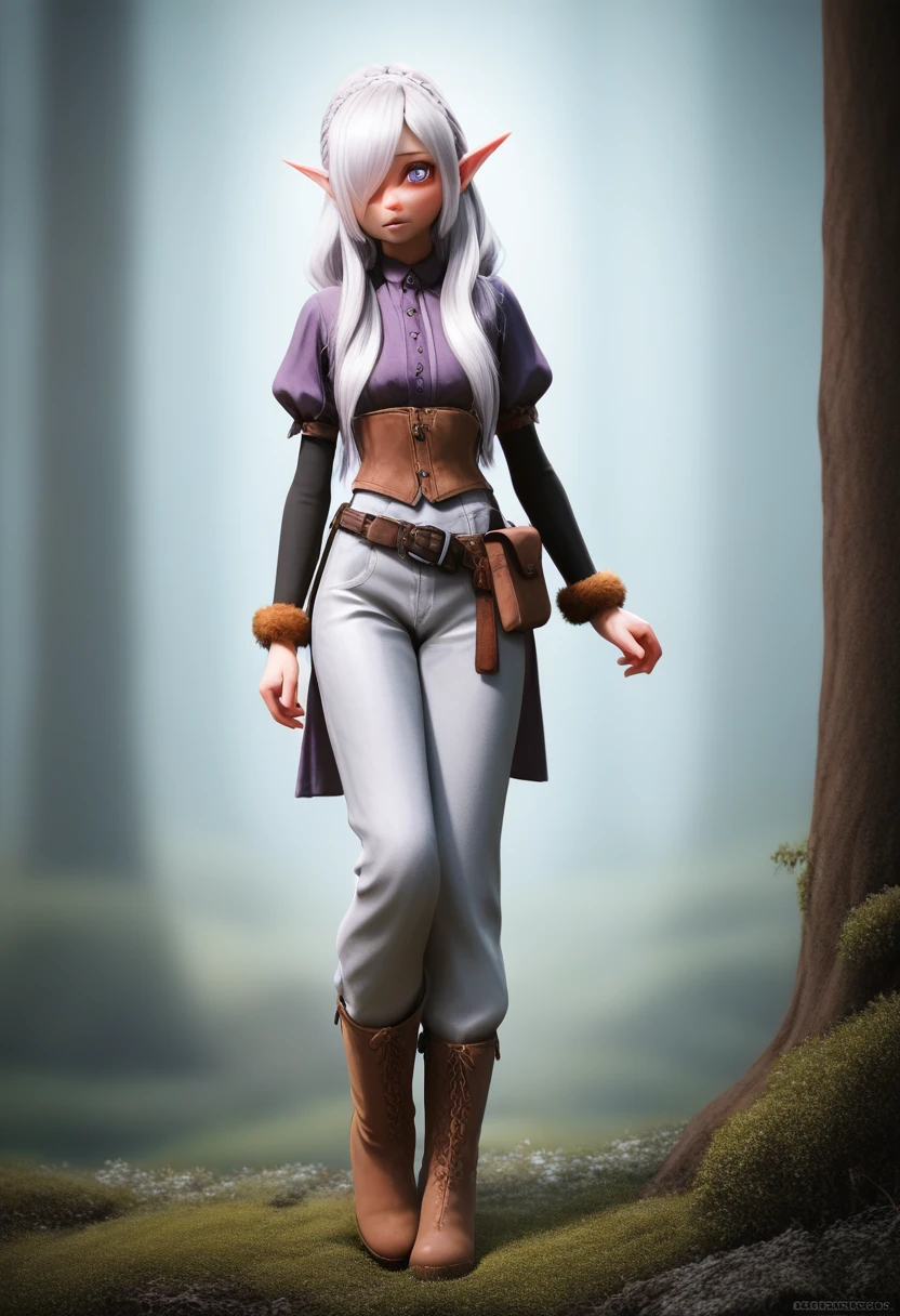 ((Best Quality)), (Masterpiece)), (Details: 1.4), Absurd Resolution, High Resolution, (Masterpiece: 1.4), Ultra Detailed, detailed gnome girl with pale skin, short stature, very long waist length silver hair that curls at the ends, covering one eye, with small breasts, pouty lips, and bright blue anime-style eyes with long lashes, wearing a corset, white puffy long sleeved shirt, and puffy cloth pants, leather bound boots, set in a windy fantasy landscape, (best quality,4k,8k,highres,masterpiece:1.2),ultra-detailed, dungeons and dragons, long elf ears, small girl, detailed skin and cloth textures, cute detailed face, intricate details, extremely detailed, 1girl, dynamic pose with hair covering one eye, shy personality, puffy cloth pants with leather belt, detailed privateer outfit, detailed buccaneer outfit, pouch on belt, wearing ornate leather armor with fur trim, silver inlay detail, wearing fur trimmed boots, wearing fur trimmed gloves, short, short height, halfing girl, small girl, very long hair