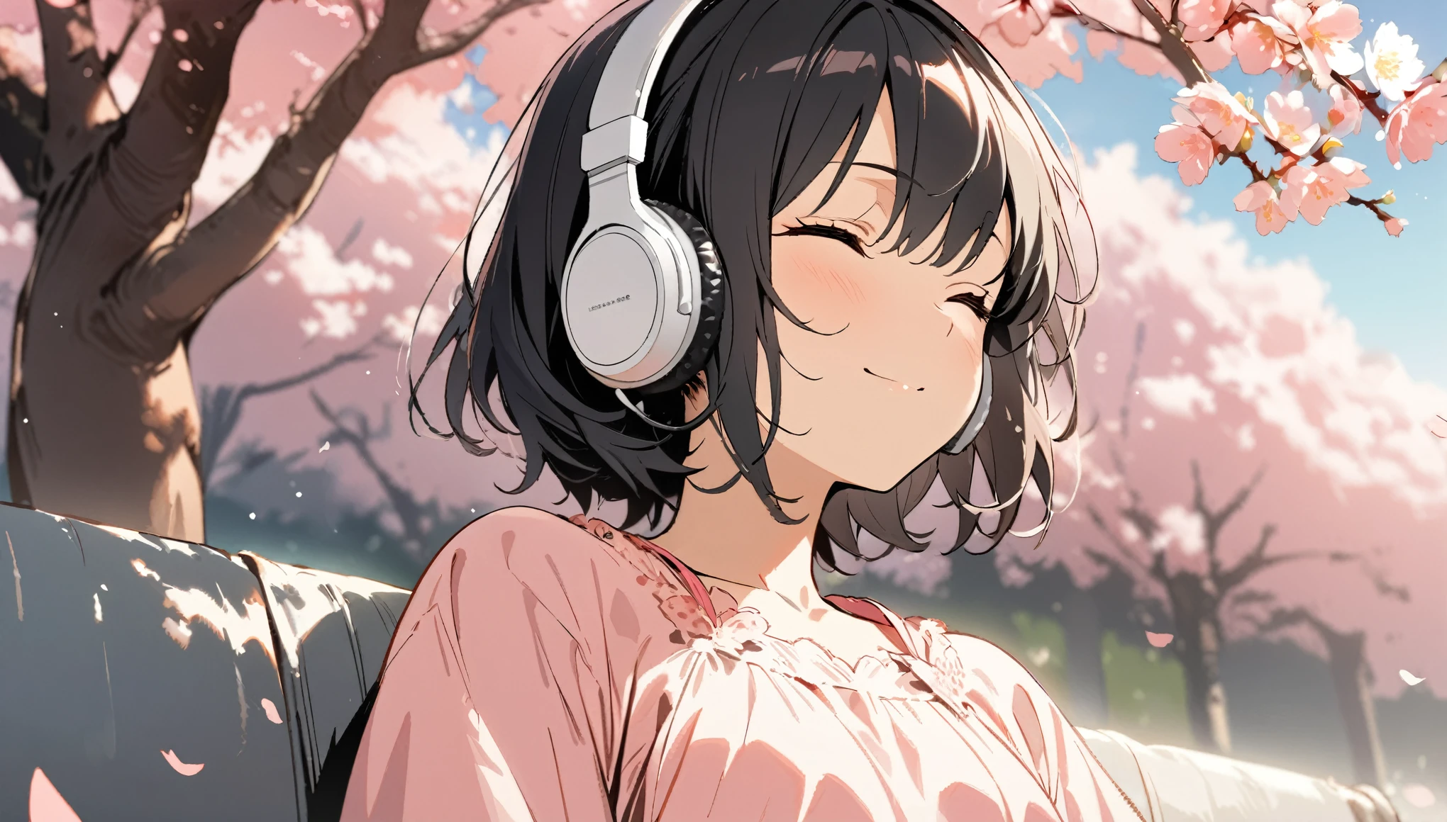 1girl, solo, gentle smile on her face flat chest, short hair, black hair, upper body, ((masterpiece, illustration, best quality)) ((best quality)), ((masterpiece)), (detailed), perfect face, sitting under the cherry blossom tree, listening to music, One woman, wearing white headphones, eyes closed, wearing a pink dress