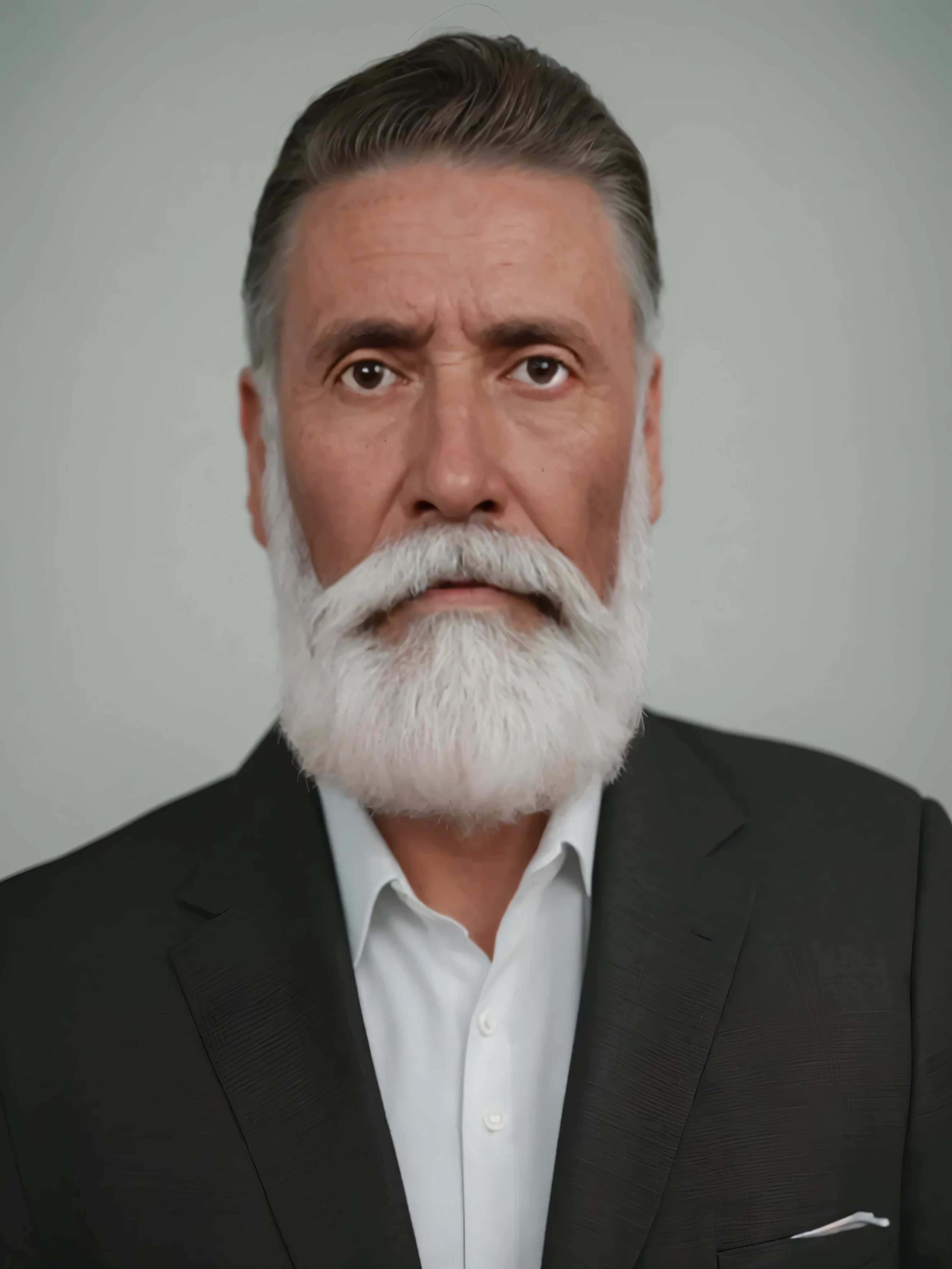 Make this photo look realistic and detailed, arafed man with a white beard and a white shirt, highly detailed vfx portrait, realistic restored face, highly detailed vfx portrait of, arnold maya render, 3d render senior artist, realistic face and body hybrid, 8k portrait render, short white beard, full white beard, realistically rendered face, photorealistic face, extremely detailed man, rendered in arnold engine, very detailed potrait, realistic portrait photo, close up potrait, profile portrait, very detailed face, very realistic face, very perfected face, very detailed clothes, very realistic clothes, very perfected clothes