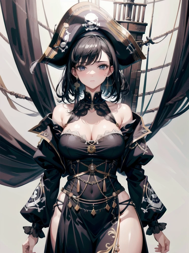 absurdres, RAW photo, extremely delicate and beautiful, masterpiece, Best Quality, ultra high resolution, 32k, hyperrealistic, ultra-detailed, delicate facial features, beautiful detailed woman, tearful mole, earring, medium breasts, full body shot, medium hair, black hair, pirate captain, intricate pirate clothing,