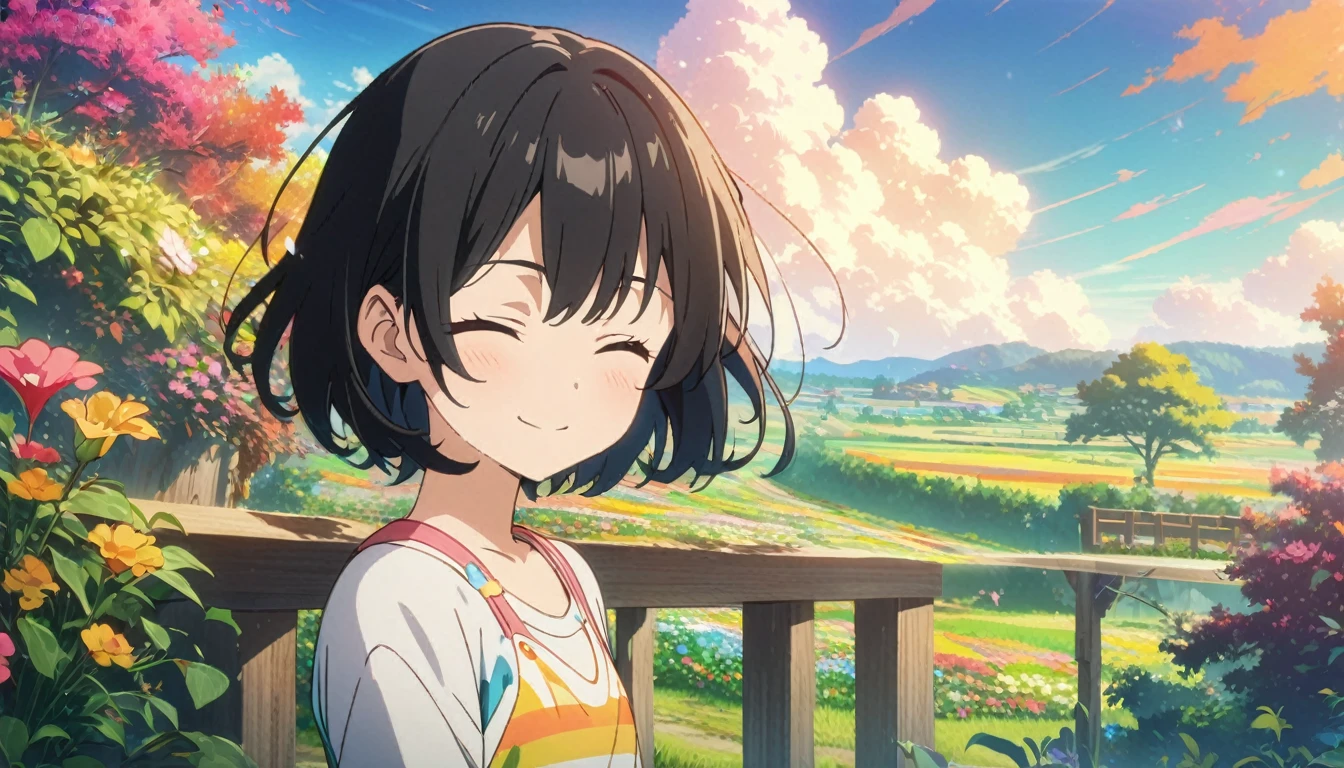 1girl, solo, flat chest, short hair, black hair, standing, gentle smile on her face((masterpiece, illustration, best quality), eyes closed, ((best quality)), ((masterpiece)),Anime style, colorful, amazing, tree, field, 4k anime wallpaper, flowers , beautiful sky, high resolution, ultra 4K, sitting on a balcony of a house