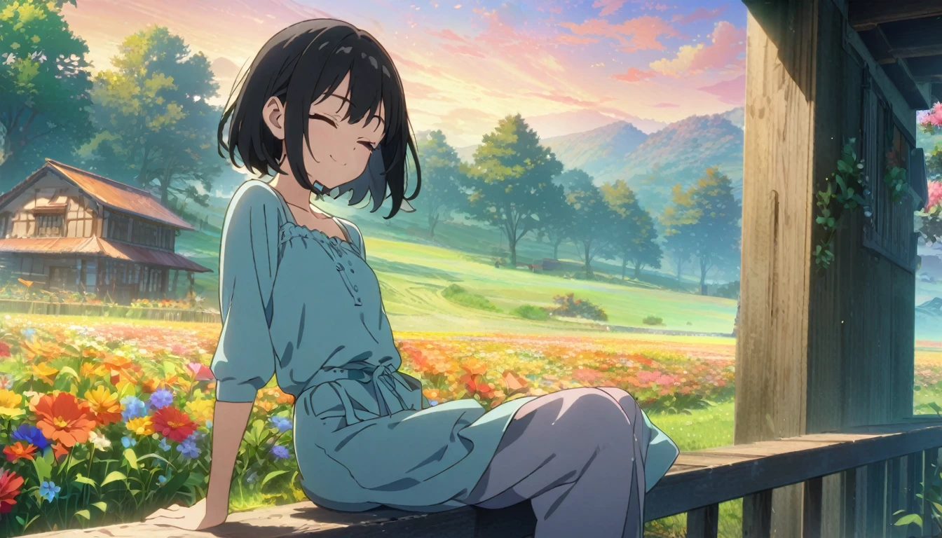 1girl, solo, flat chest, short hair, black hair, standing, gentle smile on her face((masterpiece, illustration, best quality), eyes closed, ((best quality)), ((masterpiece)),Anime style, colorful, amazing, tree, field, 4k anime wallpaper, flowers , beautiful sky, high resolution, ultra 4K, sitting on a balcony of a house