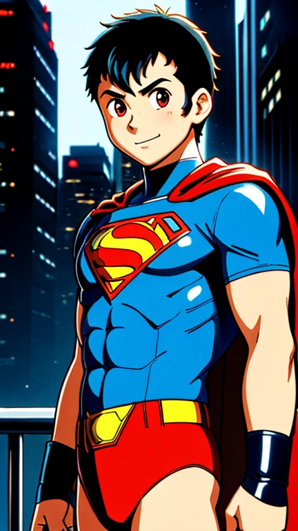 (8k),(masterpiece),(Japanese),(13-year-old boy),((innocent look)),((Childish)),From the front,smile,cute,Innocent,Kind eyes,Flat chest, Superman, Red cape,Short,Hair covered by helmet,Black Hair,Strong wind,night,dark, Neon light cyberpunk city, mighty atom