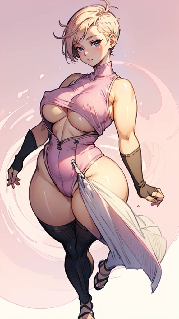 (masterpiece), best quality, female warrior, huge girl, female muscular:1.2, ((very short hair:1.6)), pink hair, big breast, (curvy:1.8), (((blank background))), ((full body)), fingerless gloves, sandals, sleeveless, covered nipples, (underboobs:1.3), tshirt top, shaved hair, (buzzcut hairstyle), white socks