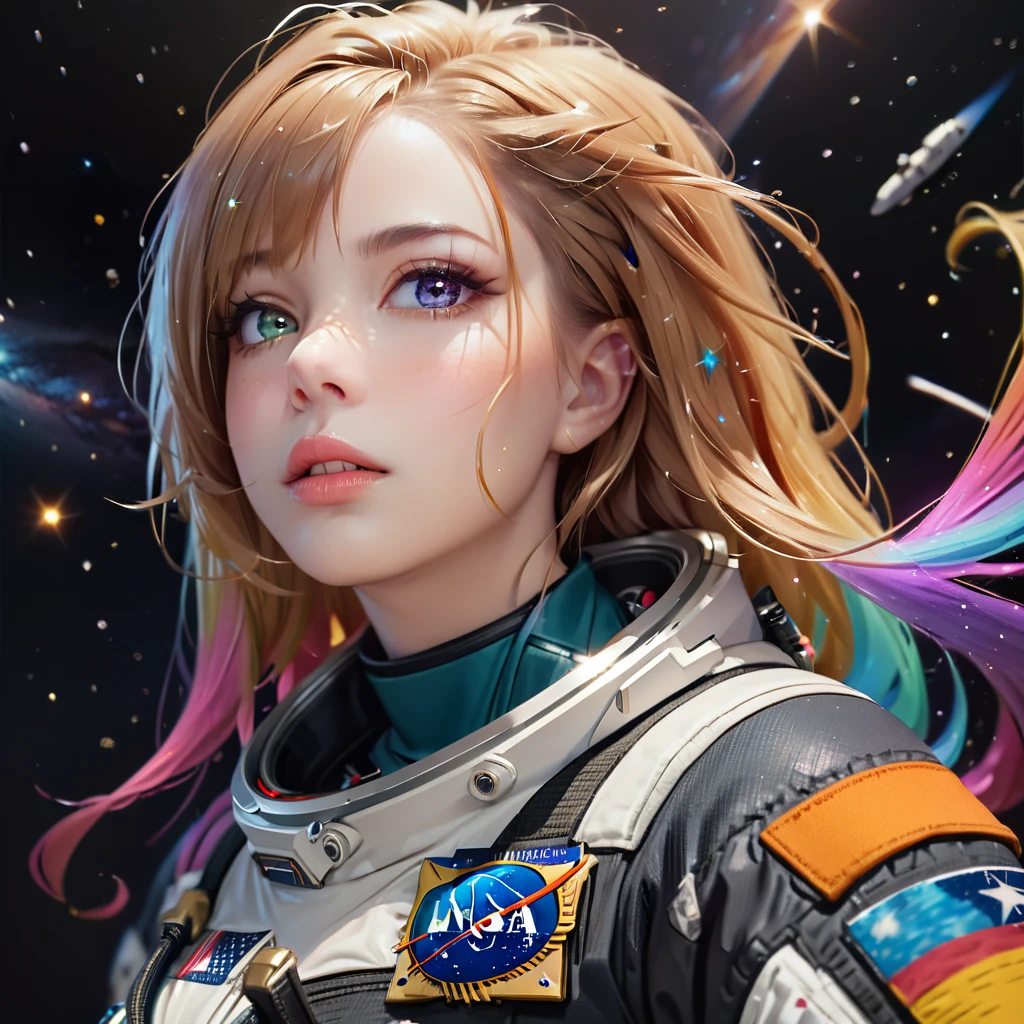 perfect eyes, Zoe, Heterochromia, astronaut, beautiful detailed eyes, beautiful detailed lips, extremely detailed eyes and face, long eyelashes, 1girl, astronaut, heterochromia, space, beautiful stars, beautiful galaxies, (best quality,4k,8k,highres,masterpiece:1.2),ultra-detailed,(realistic,photorealistic,photo-realistic:1.37),digital art, science fiction, surreal, cinematic lighting, vibrant colors, dramatic lighting