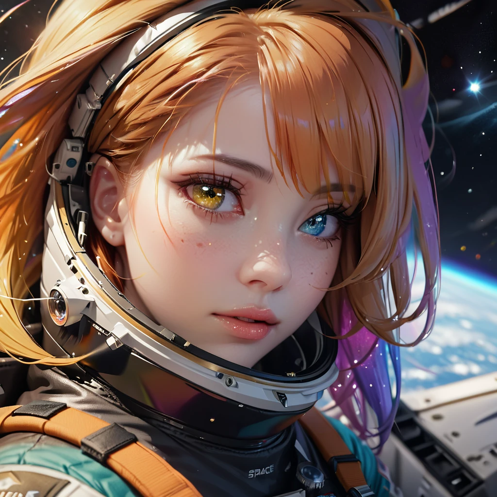 perfect eyes, Zoe, Heterochromia, astronaut, beautiful detailed eyes, beautiful detailed lips, extremely detailed eyes and face, long eyelashes, 1girl, astronaut, heterochromia, space, beautiful stars, beautiful galaxies, (best quality,4k,8k,highres,masterpiece:1.2),ultra-detailed,(realistic,photorealistic,photo-realistic:1.37),digital art, science fiction, surreal, cinematic lighting, vibrant colors, dramatic lighting