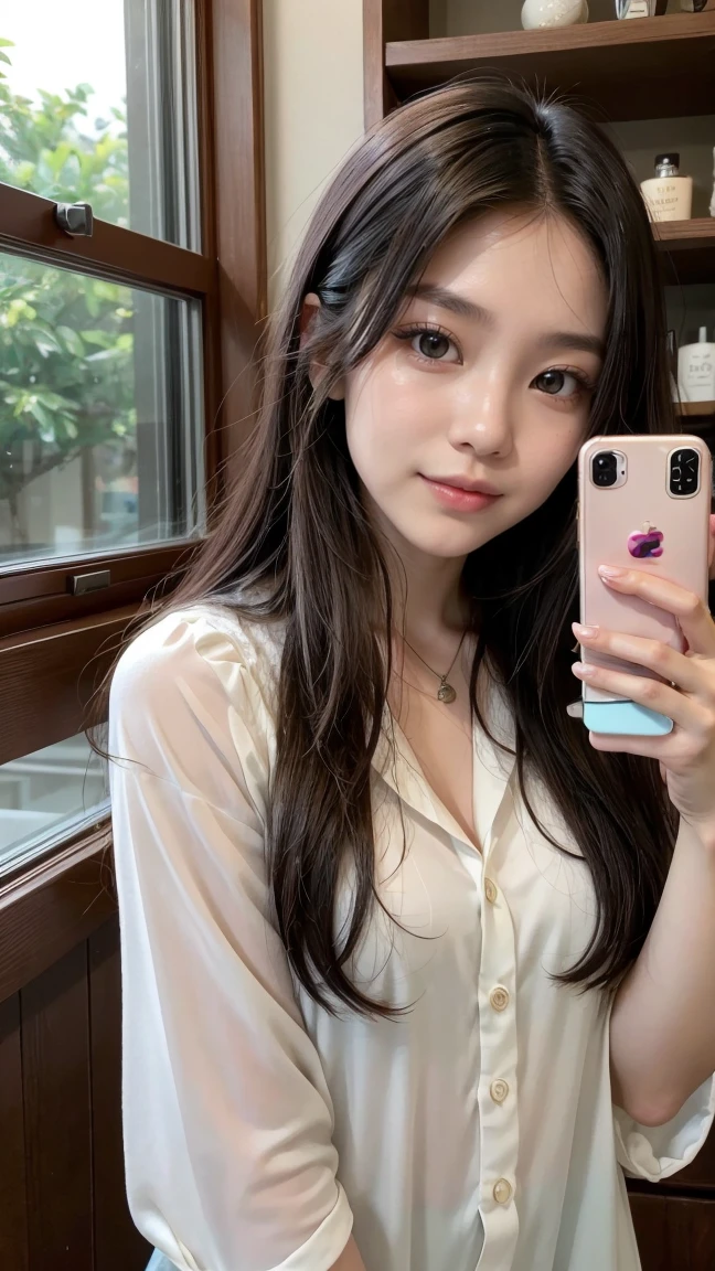 A young Asian Brazilian woman named Hana Matsumoto is taking a selfie. She is 25 years old, 1.65m tall, and weighs 55kg. Hana has long, straight hair dyed a light brown shade, and her eyes are dark brown. She has flawless skin. Hana is in a modern, well-lit environment with a background that shows elements of fashion and beauty, such as a makeup mirror and shelves with beauty products.
She is wearing a stylish, modern blouse with fashion accessories that reflect her blend of Japanese traditions with Brazilian modernity. Hana is smiling charismatically, showing her positive energy and authenticity. In the image, she is holding her smartphone with one hand, capturing the moment with confidence and charm. Additional details may include soft natural light coming through a window, decorative plants, and a cozy, organized environment.