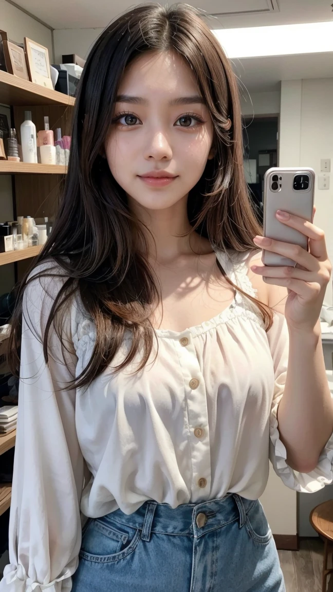 A young Asian Brazilian woman named Hana Matsumoto is taking a selfie. She is 25 years old, 1.65m tall, and weighs 55kg. Hana has long, straight hair dyed a light brown shade, and her eyes are dark brown. She has flawless skin. Hana is in a modern, well-lit environment with a background that shows elements of fashion and beauty, such as a makeup mirror and shelves with beauty products.
She is wearing a stylish, modern blouse with fashion accessories that reflect her blend of Japanese traditions with Brazilian modernity. Hana is smiling charismatically, showing her positive energy and authenticity. In the image, she is holding her smartphone with one hand, capturing the moment with confidence and charm. Additional details may include soft natural light coming through a window, decorative plants, and a cozy, organized environment.